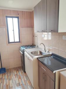 a small kitchen with a sink and a stove at Cabañas el llano punta de choros in Choros Bajos +28 photos