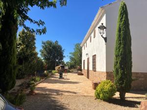 Ein weißes Gebäude mit einem Baum daneben. in der Unterkunft La Huerta el Bao in Alhambra