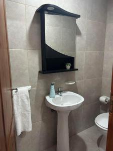 W łazience znajduje się umywalka, lustro i toaleta. w obiekcie Ciruelo Tempo w mieście Esquel