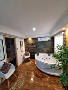 - une grande salle de bains avec baignoire au milieu d'une pièce dans l'établissement Cabañas Ases Loft Valdivia SIN ESTACIONAMIENTO, à Valdivia
