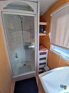 baño con ducha y puerta de cristal en Les Grands Pins emplacement numéro 103, en Le Castellet
