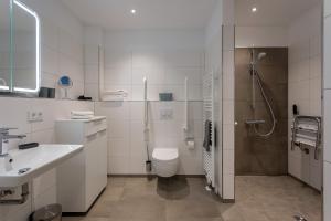 a bathroom with a toilet and a sink and a shower at Ferienwohnung eastside App 3 Olpenitz in Olpenitz