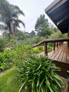 eine Holzterrasse mit Pflanzen auf einer Veranda in der Unterkunft Cabaña eluney in Ocean Park