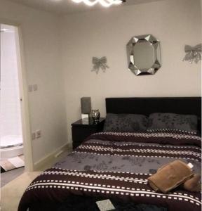 a bedroom with a bed and a mirror on the wall at Northampton Central Oasis in Northampton
