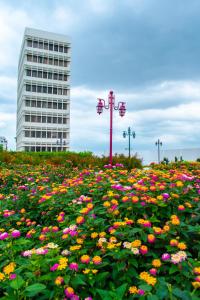een bloemenveld voor een gebouw bij FORTICH APART HOTEL in Guayaquil