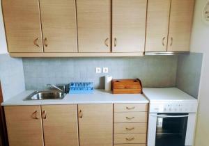 a small kitchen with wooden cabinets and a sink at Comfortable Apoikia house for 2 in Apoíkia