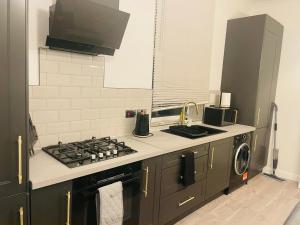 uma cozinha com um fogão e um fogão forno superior em Newly Refurbished 1Bedroom 4 mins walk to Crystal Palace Station em Crystal Palace