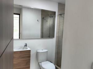 a bathroom with a toilet and a sink and a shower at JOMAWA Vivienda Turística in Guayabal