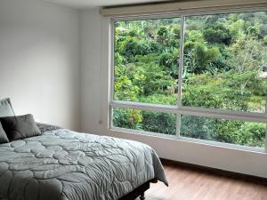 a bedroom with a large window and a bed at JOMAWA Vivienda Turística in Guayabal