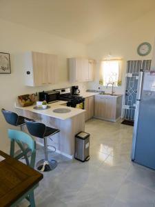 a kitchen with a refrigerator and a table and chairs at Paris' -Oasis in Discovery Bay