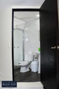 y baño con aseo, lavabo y ducha. en ROOF TOP Hotel XILITLA, en Xilitla