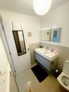 La salle de bains est pourvue d'un lavabo, d'un miroir et de toilettes. dans l'établissement E KOMO MAI, à Punaauia