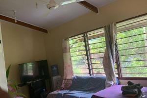 a living room with a couch and two windows at Canopy cottage in Honiara