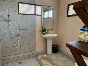 a bathroom with a shower and a sink at Rangiroa Bliss in Tiputa