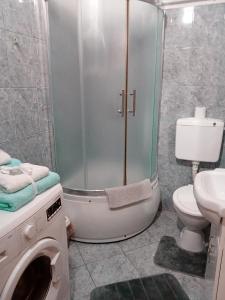 y baño con ducha y lavadora. en Apartmani Lazaro, en Višegrad