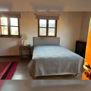 a bedroom with a bed and two windows at Colibrí Tempo in Esquel