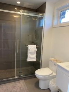 a bathroom with a toilet and a glass shower at Rooftop getaway Niagara in Niagara Falls