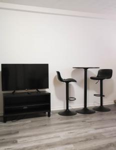 Cozy studio apartment - 240 في مونتريال: غرفة معيشة مع كرسيين وتلفزيون بشاشة مسطحة