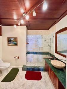 a bathroom with a shower and a sink and a toilet at Grand Bazaar El Conde in Santo Domingo