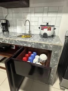 encimera de cocina con fregadero y fregadero en Twoanis Apartment, en Tambor