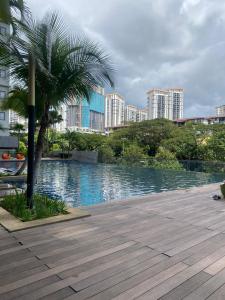 eine Palme neben einem Fluss mit Gebäuden in der Unterkunft The Foureigns Seasons Garden in Kuala Lumpur