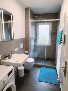 ein Bad mit einem WC, einem Waschbecken und einer Dusche in der Unterkunft Zwei Zimmer Wohnung Nähe Bahnhof in Karlsruhe