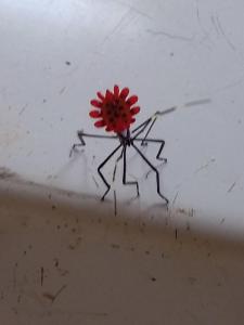 uma aranha segurando uma flor vermelha na parede em Guest House Great Hostels Amazon em Puyo