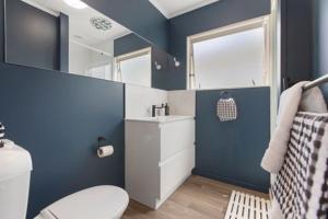 La salle de bains bleue est pourvue de toilettes et d'un lavabo. dans l'établissement Omanu Cottage, à Mount Maunganui