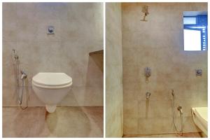 2 fotos de un baño con aseo y ducha en JAI MALHAR RESIDENCY en Kālundri