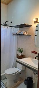 La salle de bains est pourvue de toilettes blanches et d'un lavabo. dans l'établissement La Maison d' Ivonne, à Antón