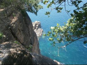 a view of a body of water with rocks and trees at Hostel Lali beach villa in Trincomalee
