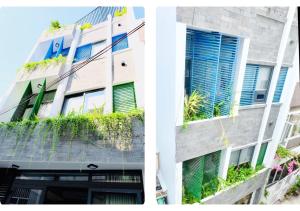 deux photos d'un bâtiment avec des plantes sur la façade dans l'établissement URI HOUSE, 1-2 BR tourism apt, 5' walk Dragon Bridge, à Đà Nẵng