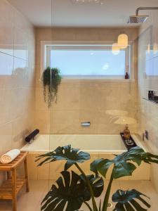 a bathroom with a plant in front of a tub at Hobart Avenue Apartment The Residence in Sandy Bay