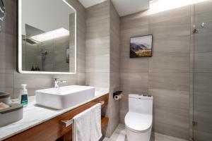 bagno con lavandino, servizi igienici e specchio di Atour X Hotel Shanghai Lujiazui Binjiang Avenue a Shanghai