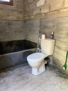 a bathroom with a toilet in a brick wall at Coco Cabins by Thush in Bentota