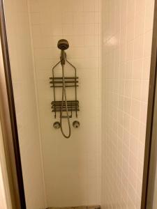 y baño con ducha con cabezal de ducha. en Crest Lodge Historic Mountain Inn, en Crestline