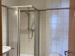 a shower with a glass door in a bathroom at Apartment in Sankt Margarethen near ski area in Sankt Margarethen im Lungau