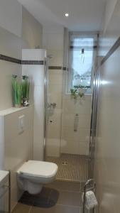 a bathroom with a toilet and a glass shower at Ferienwohnung zur alten Waage in Schöbendorf +7 photos