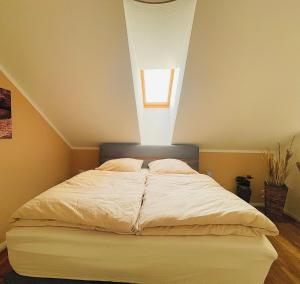 a bedroom with a bed with a light on the ceiling at Weidelandfarm am Riebener See in Beelitz