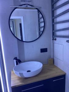 ein Badezimmer mit einem großen weißen Waschbecken und einem Spiegel in der Unterkunft Apartament Żeromskiego2 in Biała Podlaska