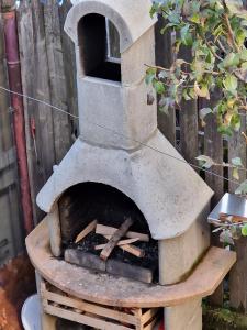 an outdoor pizza oven with a woodburning at Casa Tru in Zărneşti