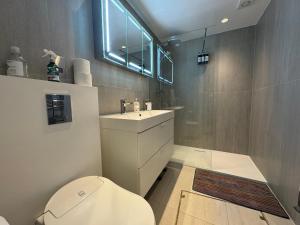 a bathroom with a toilet and a sink and a mirror at The GG Spot Gledhow Gardens South Kensington Central London by Wild Boutique in London
