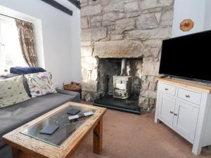 a living room with a stone fireplace and a tv at Bwthyn Llwyncaron in Mold