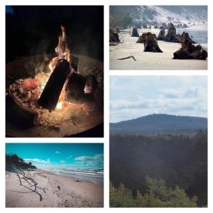 a group of four pictures of a fire on the beach at Swojskie Chatki - Leśna Chatka in Smołdziński Las