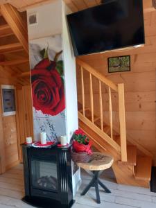 a living room with a fireplace and a flat screen tv at Domki Zielone Skałki in Falsztyn