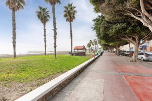 una acera junto a una playa con palmeras en Casita playa, en Málaga