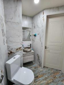a white bathroom with a toilet and a sink at Cozy Apartment 201A • BMIX • in Bakuriani