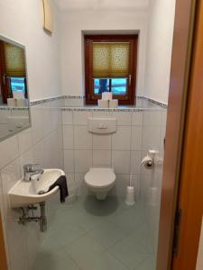 a white bathroom with a toilet and a sink at Biohaus Florian in Haus im Ennstal