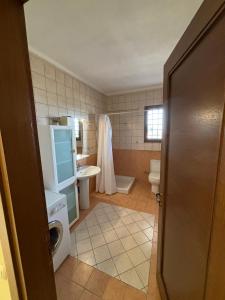 een badkamer met een toilet, een wastafel en een wasmachine bij Lux apartment for 1 to 7 people, also for parties up to 25 people, only 7' minutes from city and 8' minutes from airport in Néon Rýsion