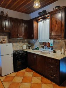 a kitchen with wooden cabinets and a white refrigerator at Heart of Proussos in Prousós